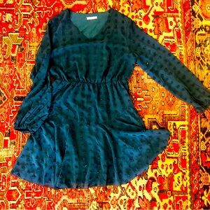 Sheer teal long sleeve dress fully lined inside, sz L